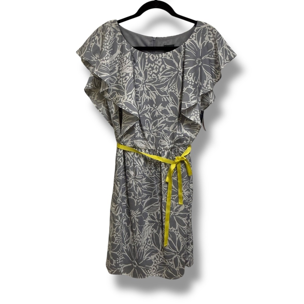 Gabby Skye Womens Grey Floral Flutter Sleeve Sheath Dress with Yellow Belt 8 NEW